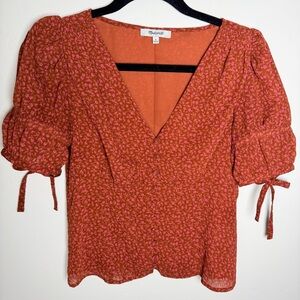 Madewell Floral Puff Sleeve Blouse Pink Orange Contemporary size 0 cute coquette
